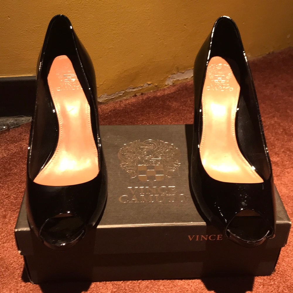 Vince Camuto open toe patent leather heels.